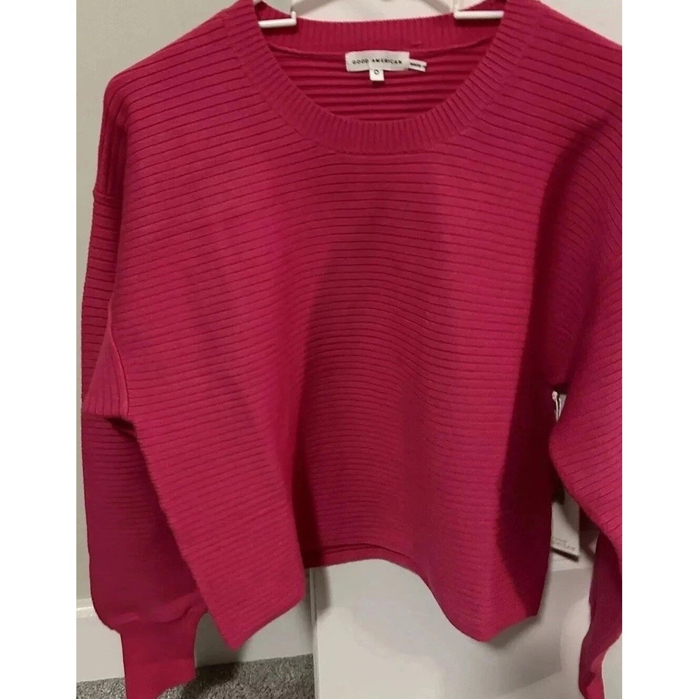 New Good American Pink Sweater Women's Ribbed Crop For S/M Crew Neck  $125